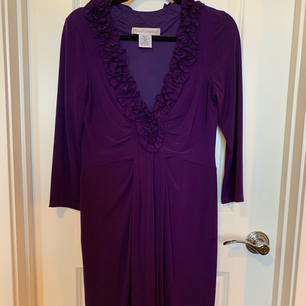 Purple LS V-Neck Ruffled Dress Knee Length Pull-On